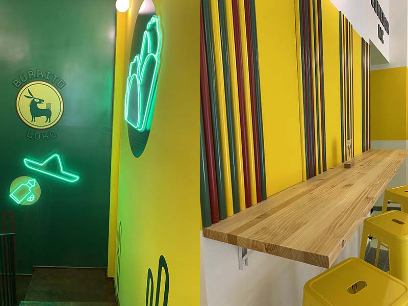 interior restaurante mexicano de Bilbao en tonos amarillos y verdes