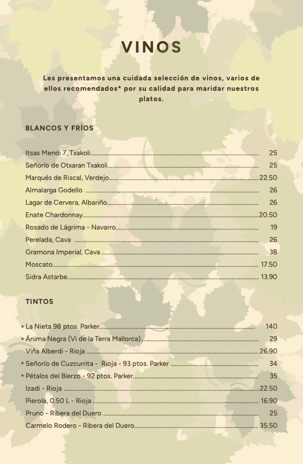 la carta del restaurante Las Palmeras Jatetxea cerca de Plentzia y de Bilbao o Getxo