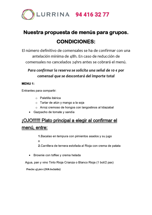 Menús Aste Nagusia de Lurrina Bilbai